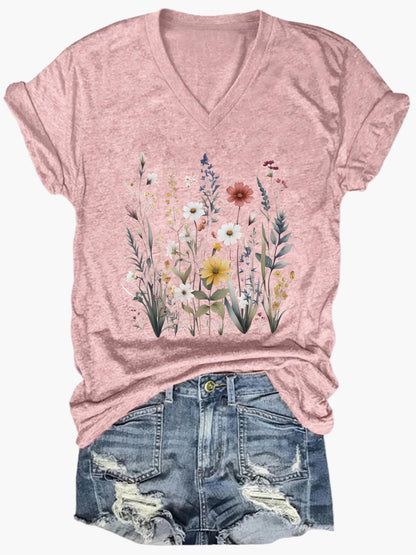 Afslappet dame-T-shirt med V-hals og boheme blomsterprint til sommeren