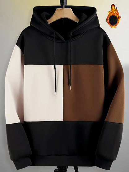 Sweat à Capuche Color Block Homme Noir Beige Marron Manches Longues Doublé Polaire