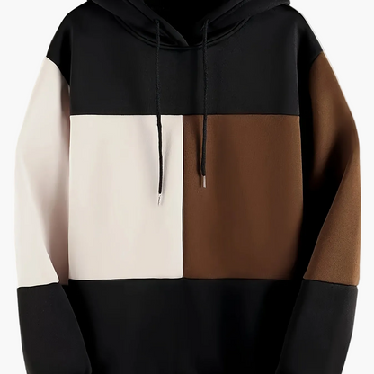 Sweat à Capuche Color Block Homme Noir Beige Marron Manches Longues Doublé Polaire