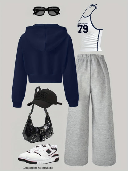 Ensemble Sportif Décontracté Femme 3 Pièces : Sweat à Capuche Court Zippé, Débardeur Halter et Pantalon Large Molletonné
