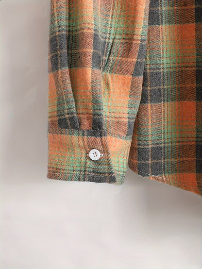 Chemise à carreaux homme, manches longues, orange et gris, style décontracté