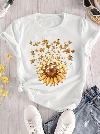 T-shirt femme style casual motif tournesol et papillons, imprimé tendance pour le printemps-été