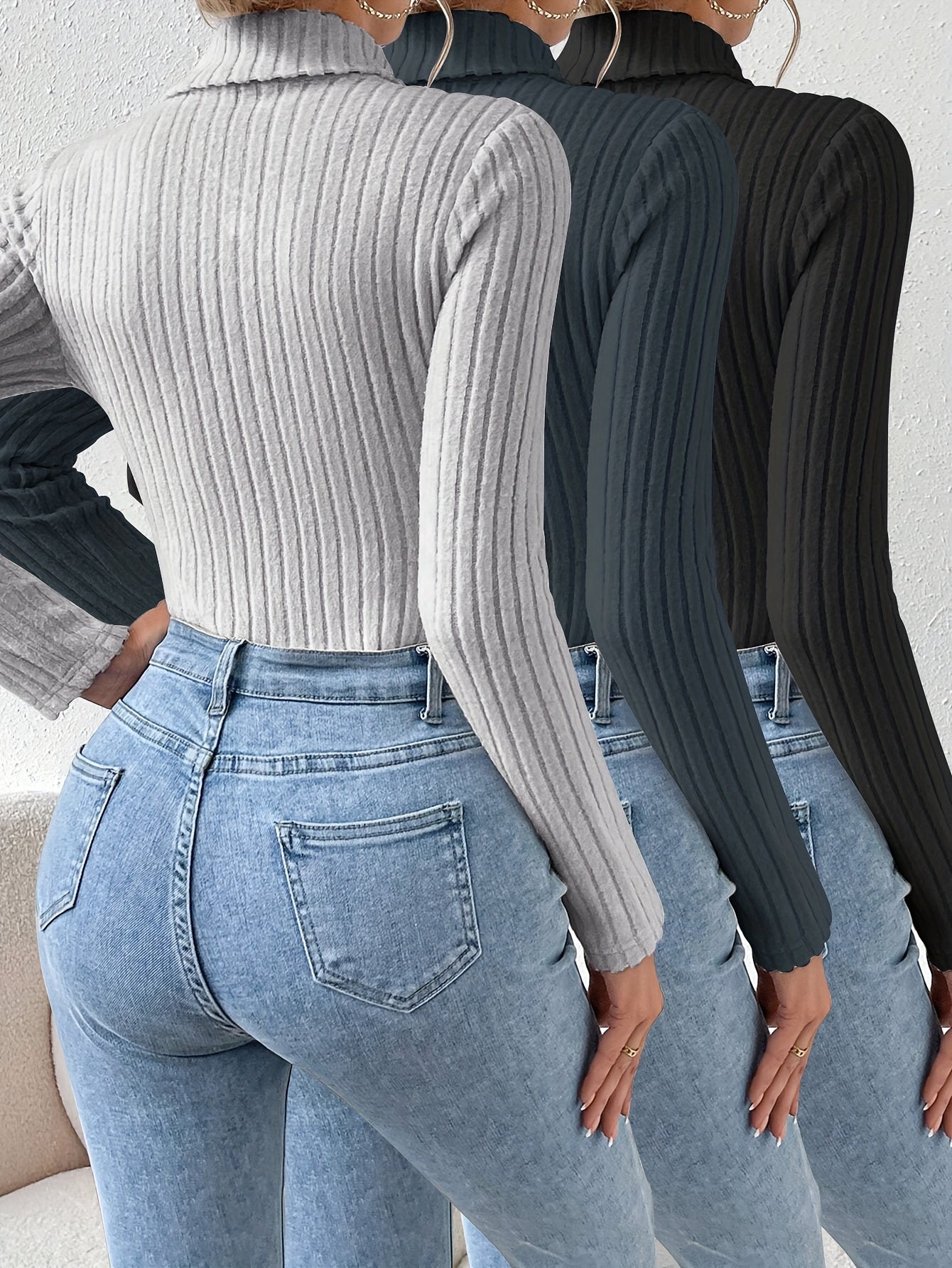 Body côtelé col roulé manches longues femme uni diverses couleurs