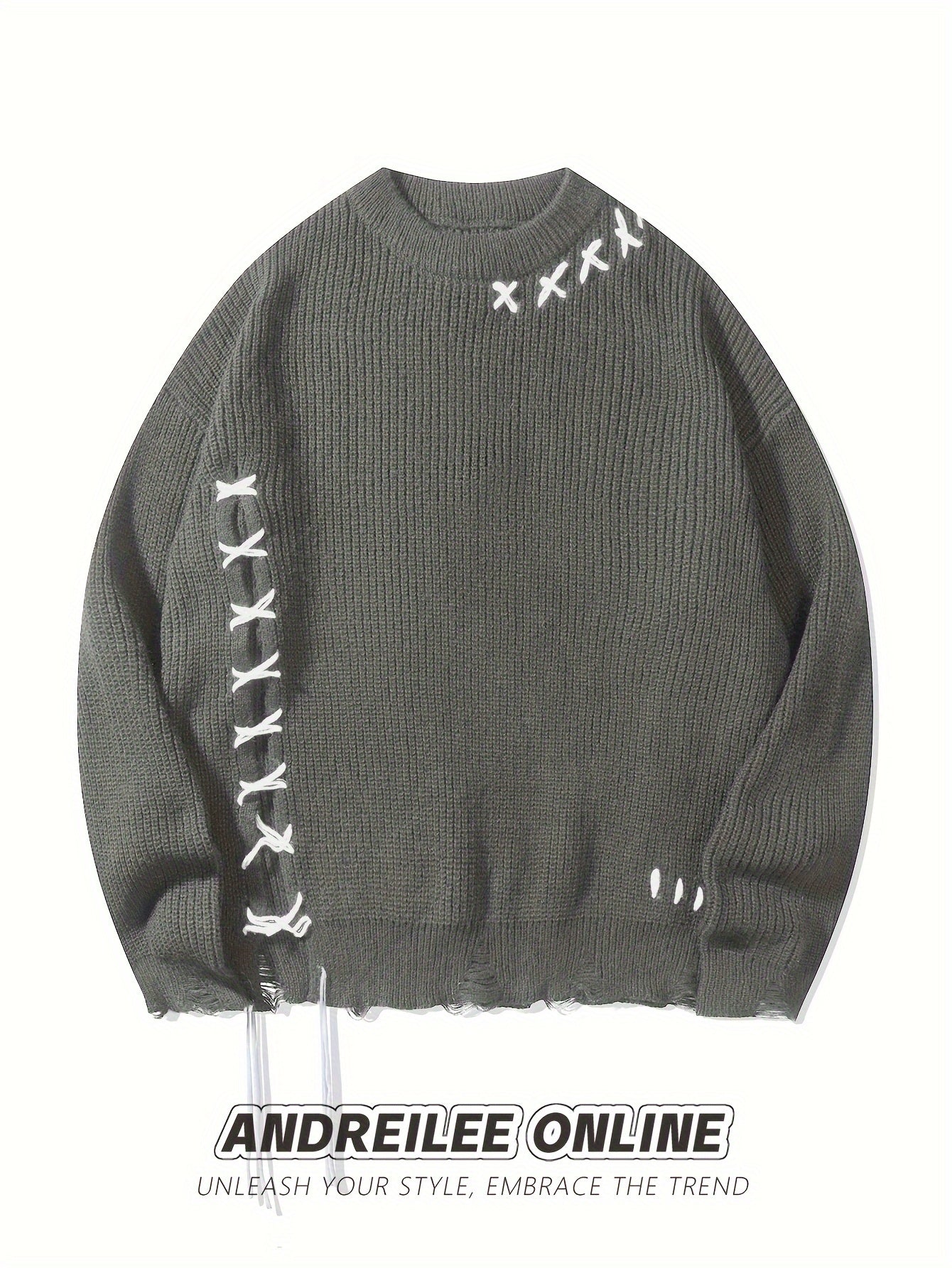 Pull en maille unisexe noir à col rond avec détails de lacets et ourlet effiloché