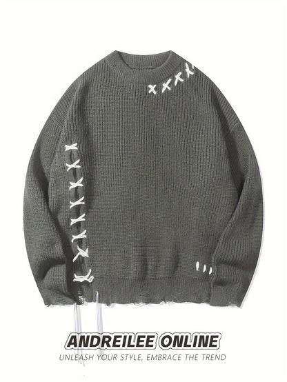 Pull en maille unisexe noir à col rond avec détails de lacets et ourlet effiloché