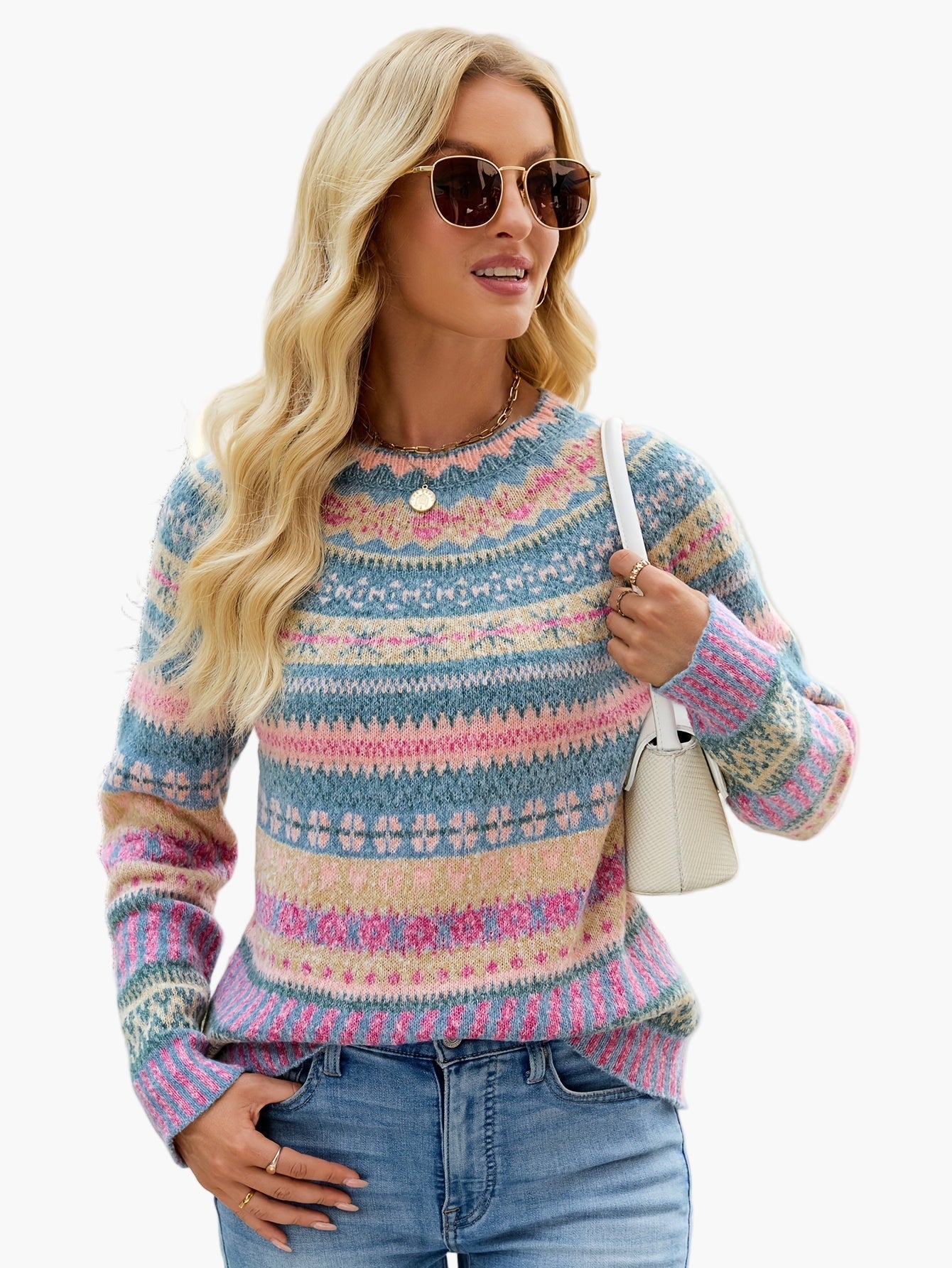 Pull d'hiver femme à motifs géométriques style nordique élégant