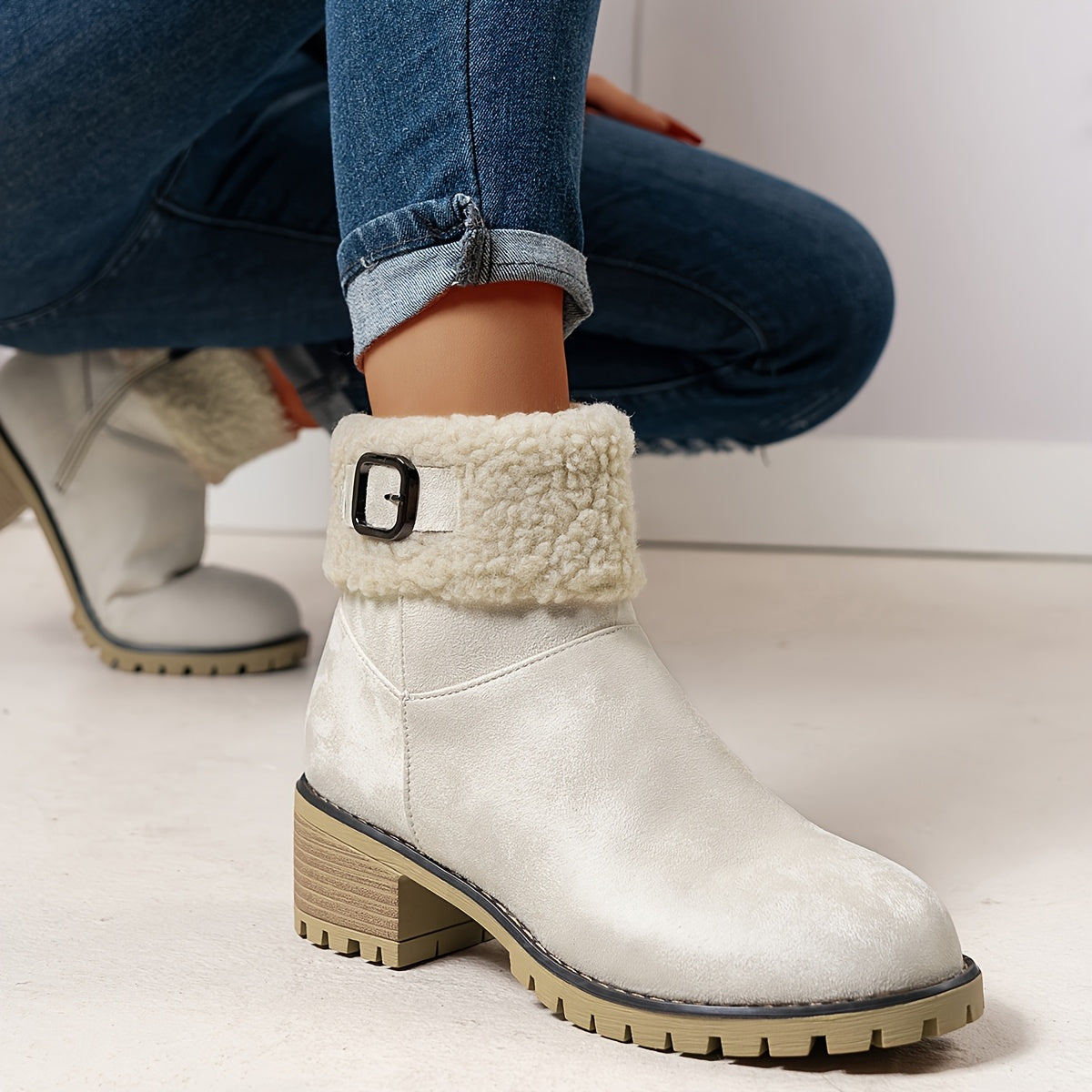 Bottines femme doublées imitation fourrure avec boucle décorative et semelle crantée à talon bloc