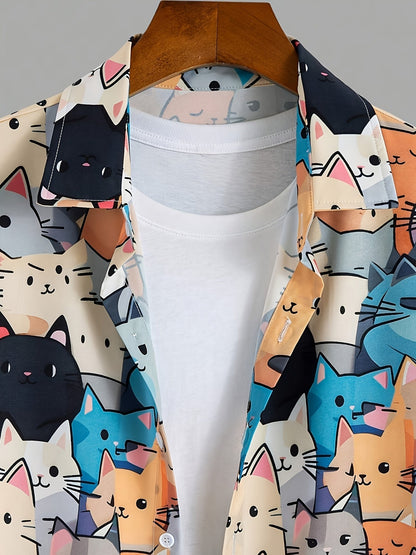 Chemise homme décontractée à manches courtes imprimé chats style ludique