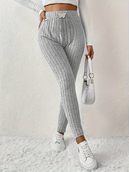 Legging côtelé gris clair taille haute avec détail papillon