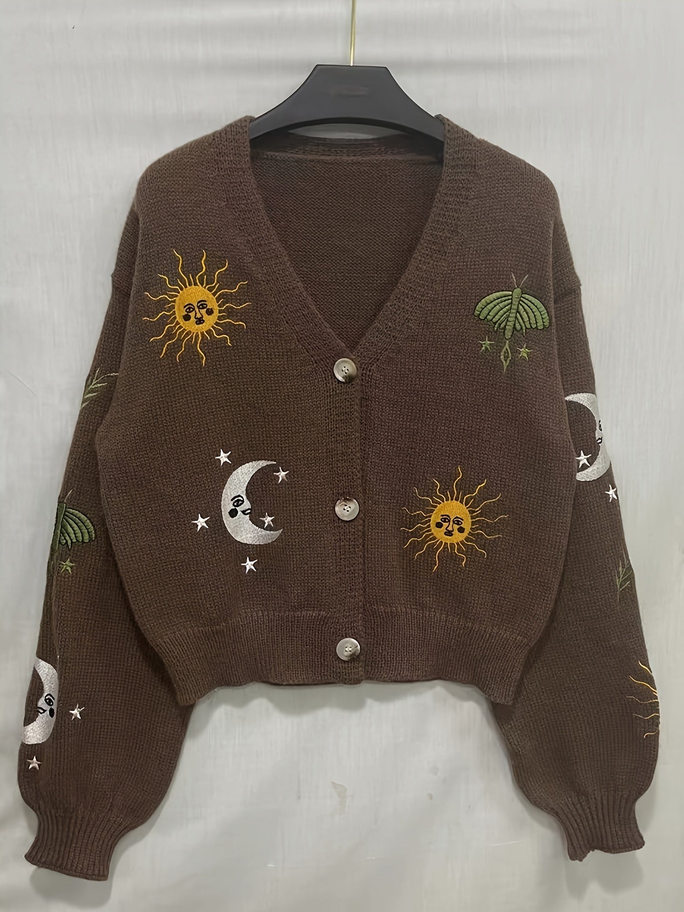 Cardigan court en maille pour femme, col en V, manches longues, motifs soleil et lune brodés