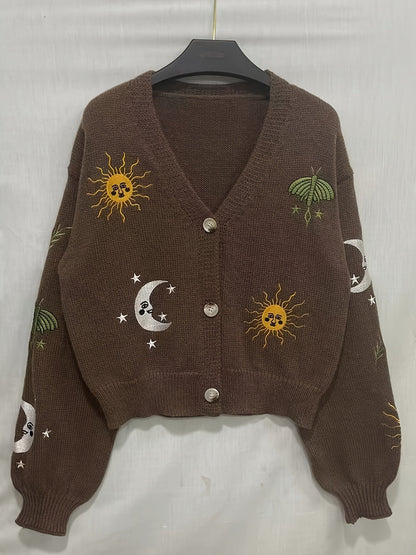 Cardigan court en maille pour femme, col en V, manches longues, motifs soleil et lune brodés
