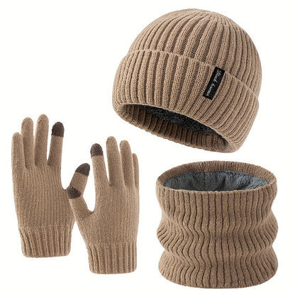 Ensemble Bonnet Écharpe Tour de Cou et Gants Unisexe Tricot Doublé Polaire Hiver