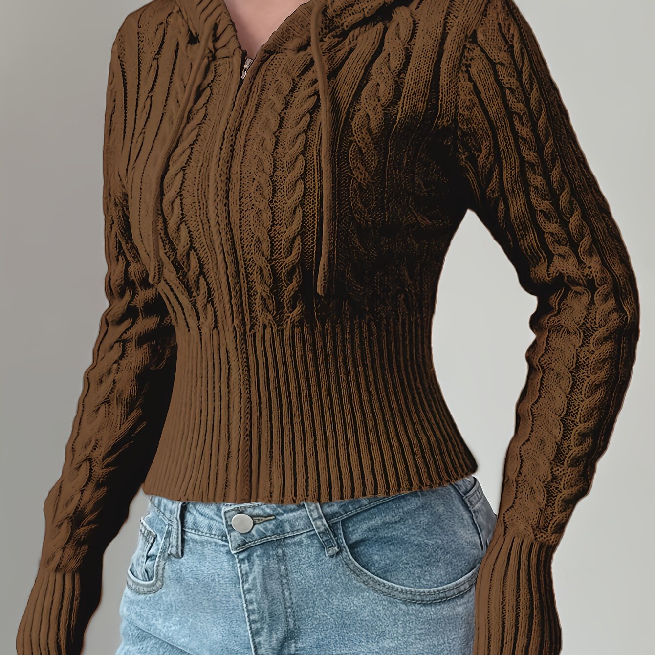 Sweat à capuche Femme tricoté torsadé court avec zip et cordon de serrage