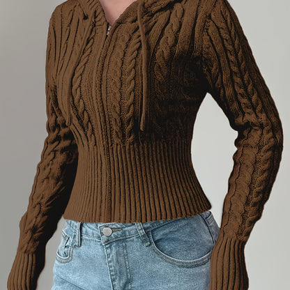 Sweat à capuche Femme tricoté torsadé court avec zip et cordon de serrage