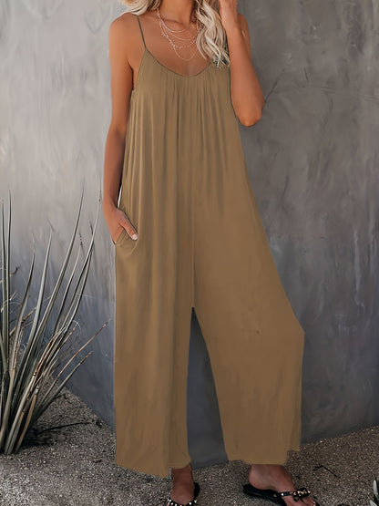Mono holgado casual para mujer estilo verano con tirantes finos y bolsillos – Look chic y cómodo para vacaciones o ciudad