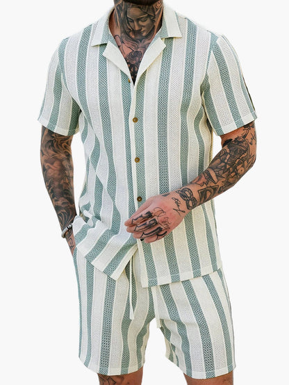 Ensemble décontracté pour homme – Chemise à manches courtes et short à rayures – Style estival tendance