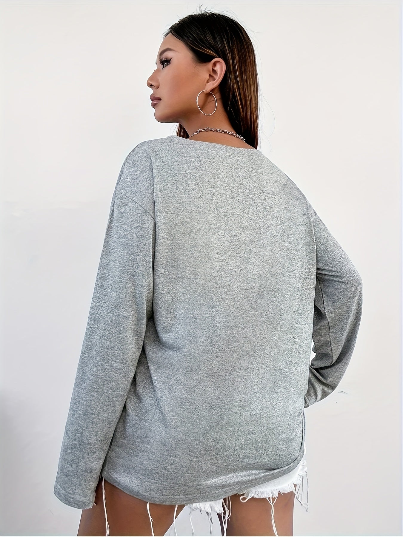 Haut décontracté Femme à manches longues Gris Col en V avec motif numérique '08'