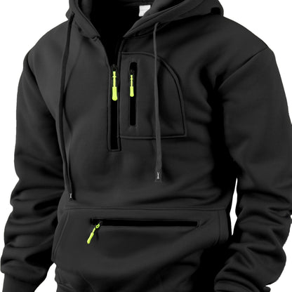 Sweat à Capuche Homme Mi-Zip avec Poches Zippées Devant Kaki