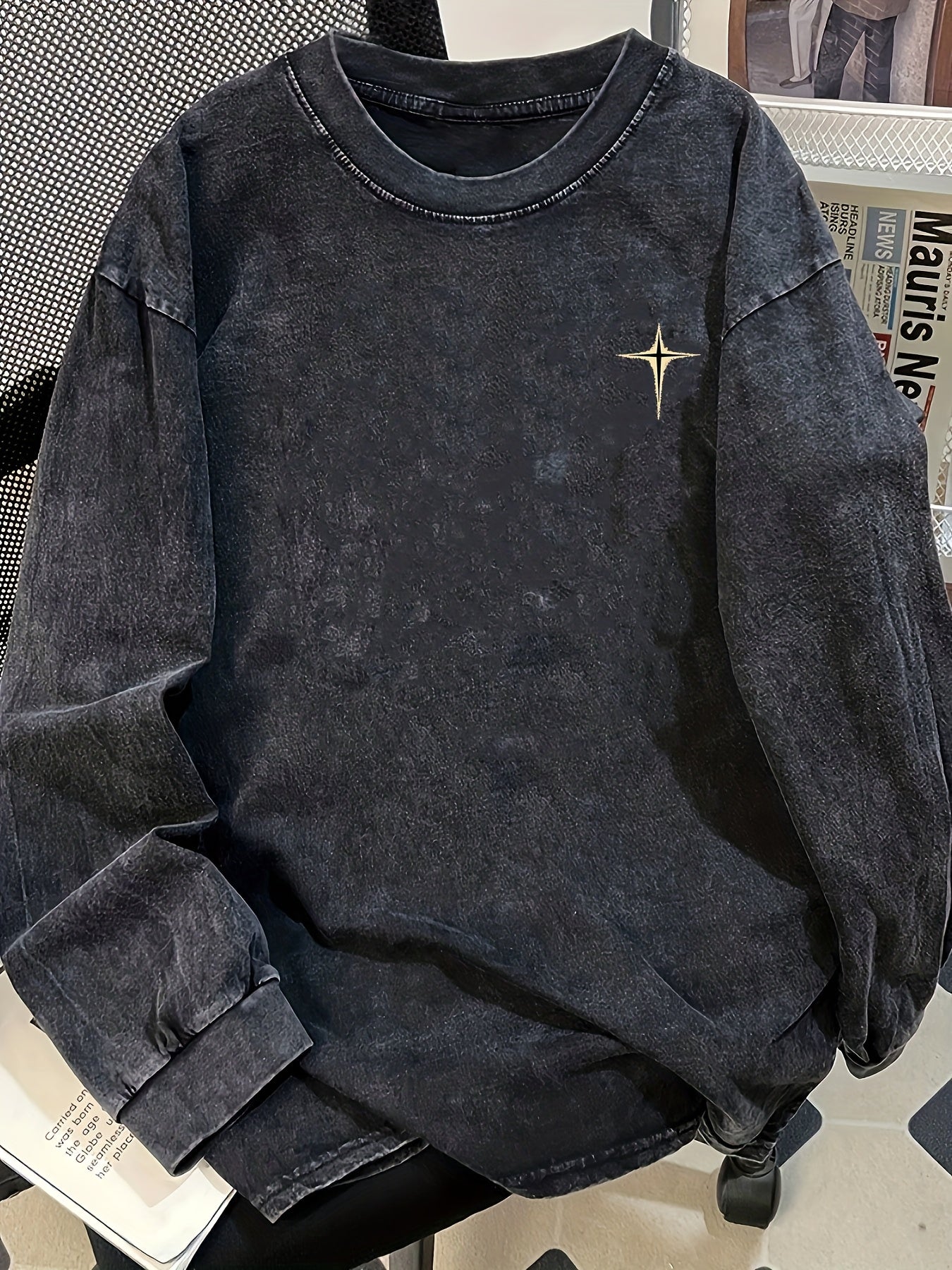 Sweat-shirt Unisexe Noir Délavé Manches Longues Motif Étoile Style Décontracté