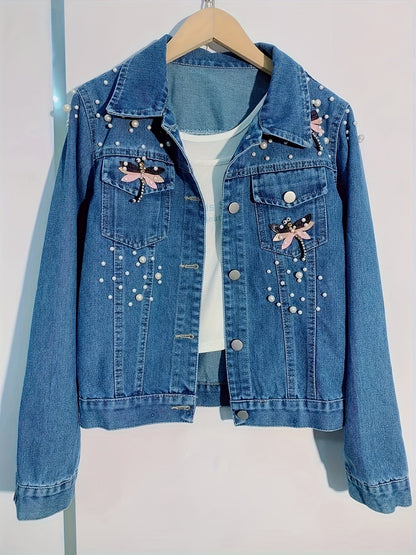 Veste en jean femme bleue brodée de perles et ornements