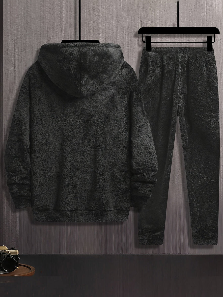 Ensemble Homme Doux Noir à Capuche et Pantalon Motif Géométrique Relief