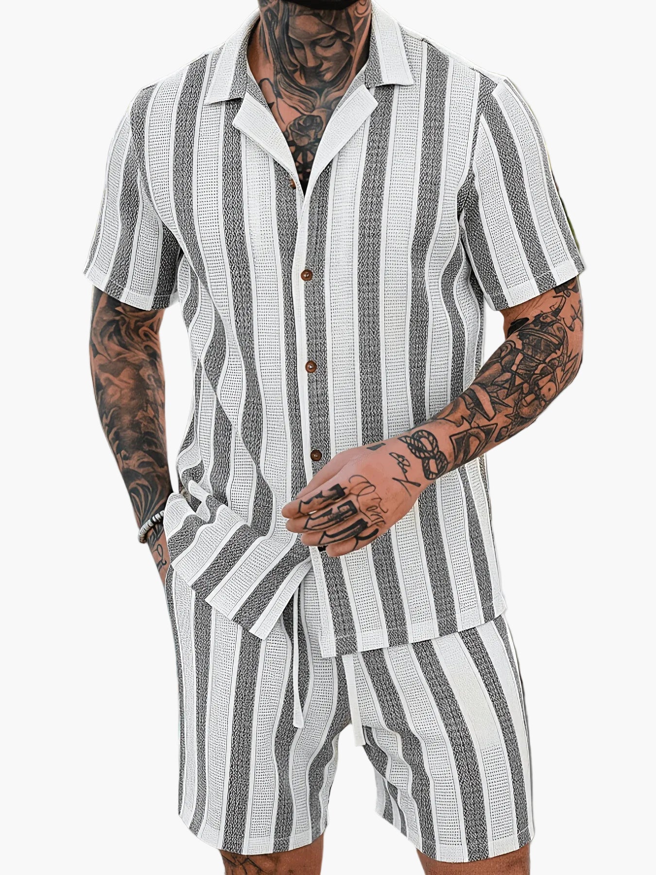 Ensemble décontracté pour homme – Chemise à manches courtes et short à rayures – Style estival tendance