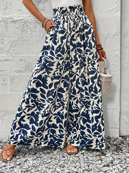 Pantalon large femme style bohème chic taille haute à imprimé feuillage pour occasions estivales et sorties élégantes