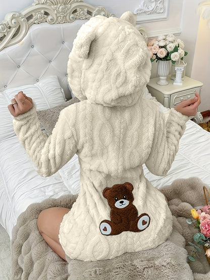 Grenouillère Peluche Femme à Capuche Ours Polaire Crème avec Broderie Ours Marron