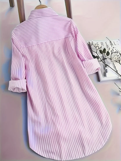 Camicia lunga a righe stile casual da donna, maniche lunghe, ideale per tutti i giorni