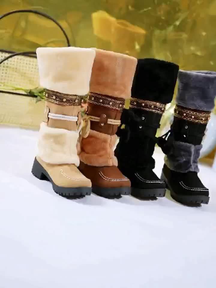 Bottes Femme Mi-Mollet Chaudes Style Ethnique Marron avec Fourrure et Pompons