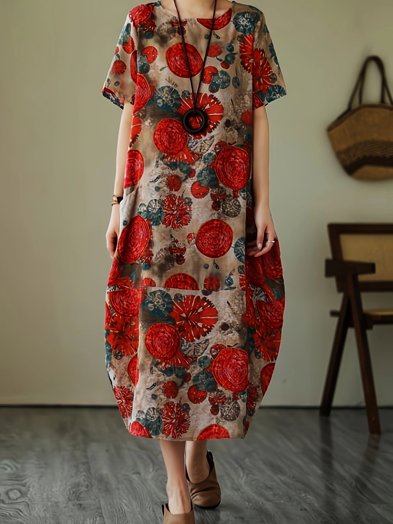Abito casual a maniche corte da donna stile artistico bohémien ampio con stampa geometrica e botanica