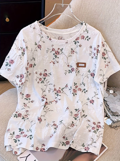 T-shirt donna a maniche corte stile chic con motivo floreale – Ideale per primavera ed estate