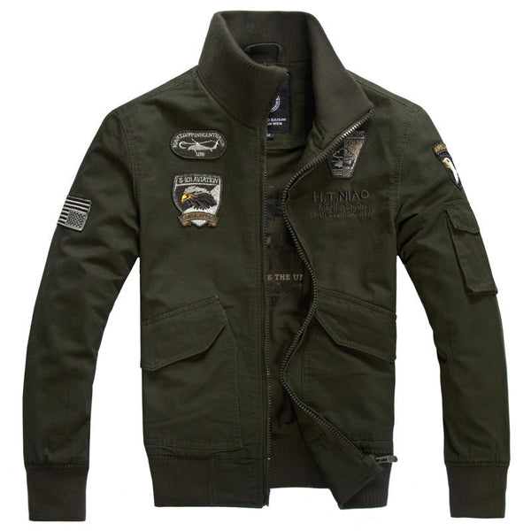Men's aviator jacket with military-style patches