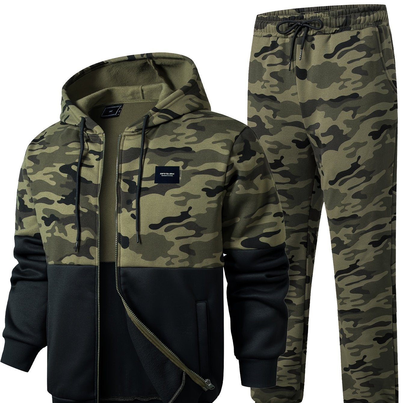 Ensemble survêtement camouflage kaki et noir homme avec veste à capuche zippée