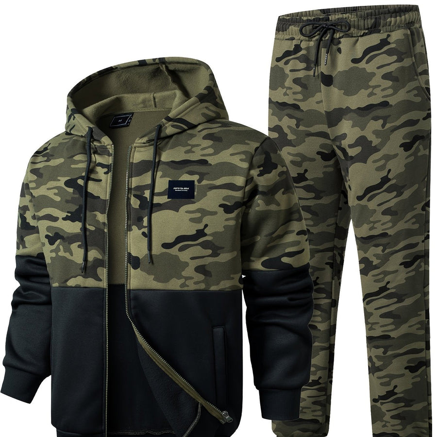 Ensemble survêtement camouflage kaki et noir homme avec veste à capuche zippée