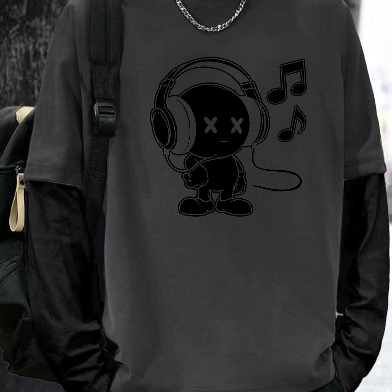 T-shirt Homme Manches Longues Superposées Motif Cartoon Casque Musique