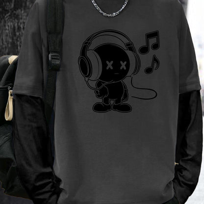 T-shirt Homme Manches Longues Superposées Motif Cartoon Casque Musique
