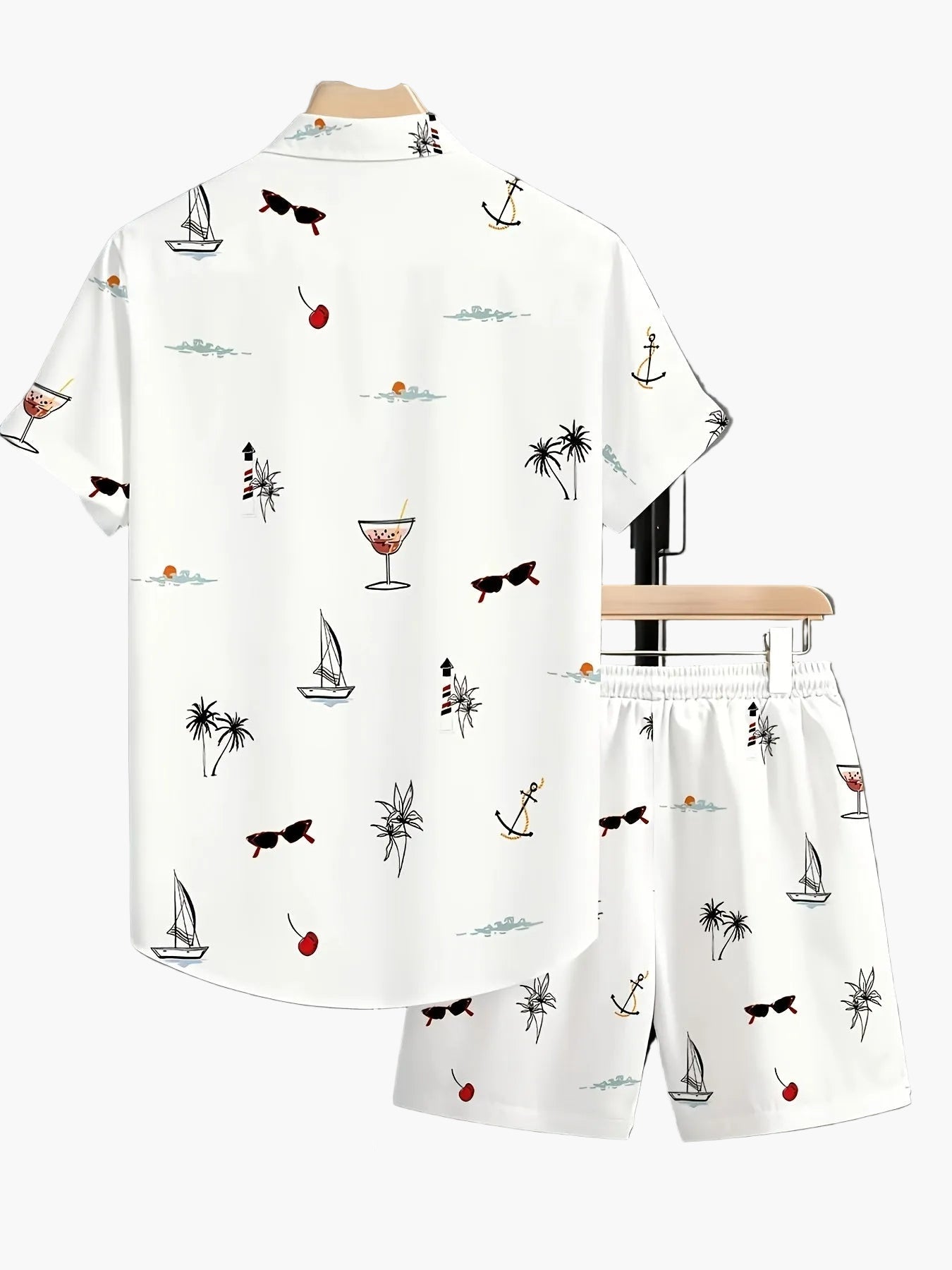 Completo casual uomo stampa vacanze – camicia maniche corte e pantaloncini, stile estivo