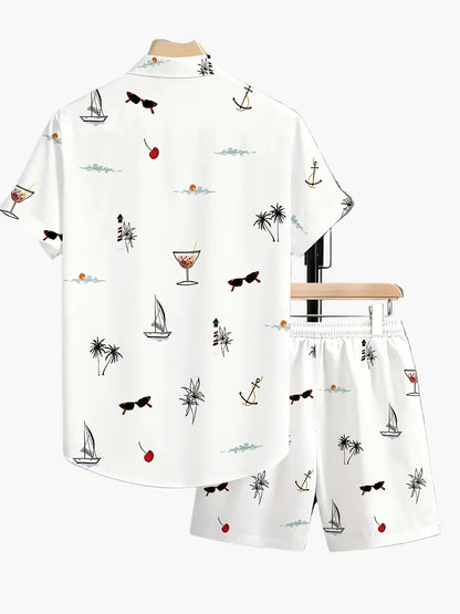 Completo casual uomo stampa vacanze – camicia maniche corte e pantaloncini, stile estivo