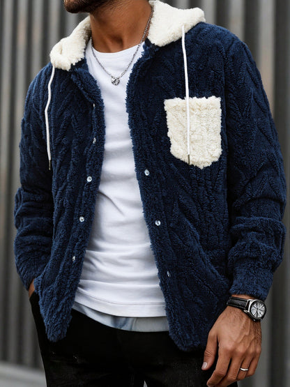 Veste Homme Polaire Sherpa à Capuche Bleu Marine et Poche Poitrine Contrastée