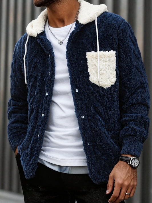 Veste Homme Polaire Sherpa à Capuche Bleu Marine et Poche Poitrine Contrastée