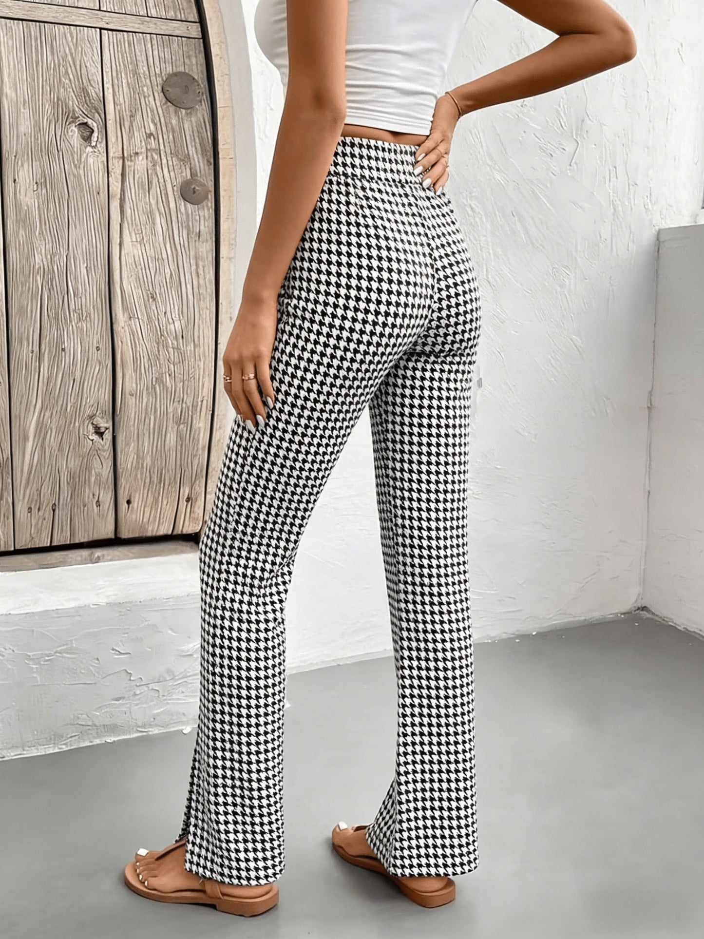 Damenhose mit Hahnentrittmuster im eleganten Flared-Stil für Ausflüge  