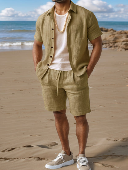 Ensemble décontracté pour homme style bohème – chemise manches courtes et short idéal plage et été