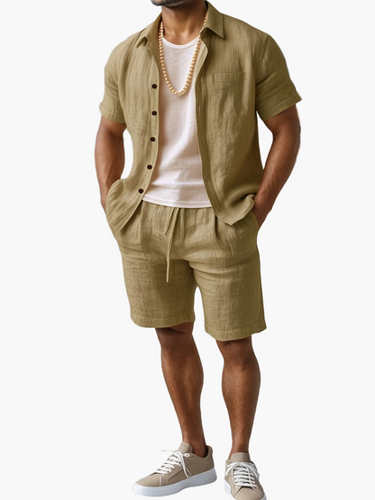 Ensemble décontracté pour homme style bohème – chemise manches courtes et short idéal plage et été