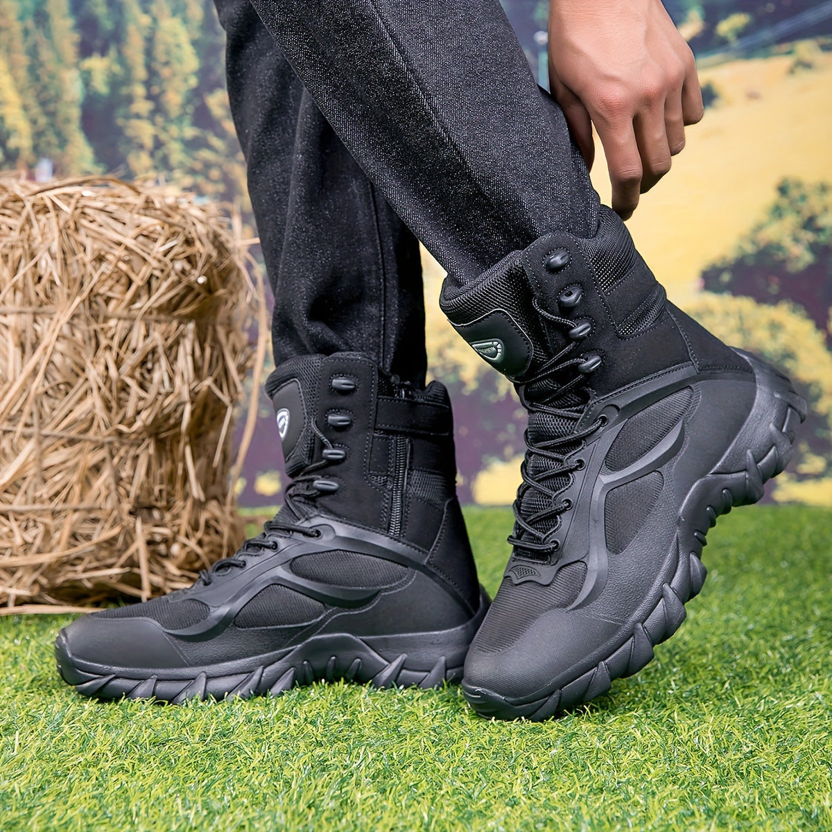 Bottes tactiques montantes noires à lacets et semelle crantée pour homme