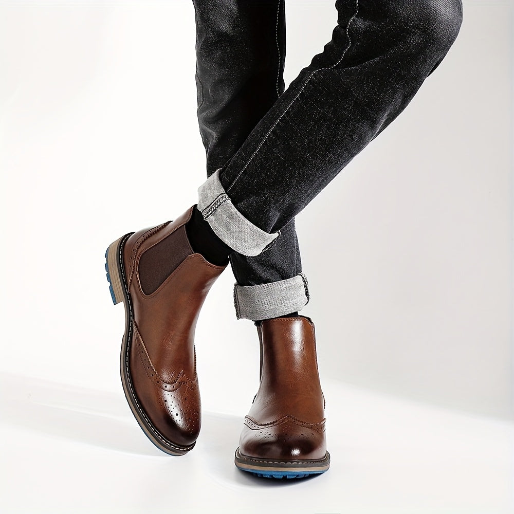 Bottes Chelsea Homme Marron Brogue Détails Perforés Élastiques Latéraux Semelle Bleue