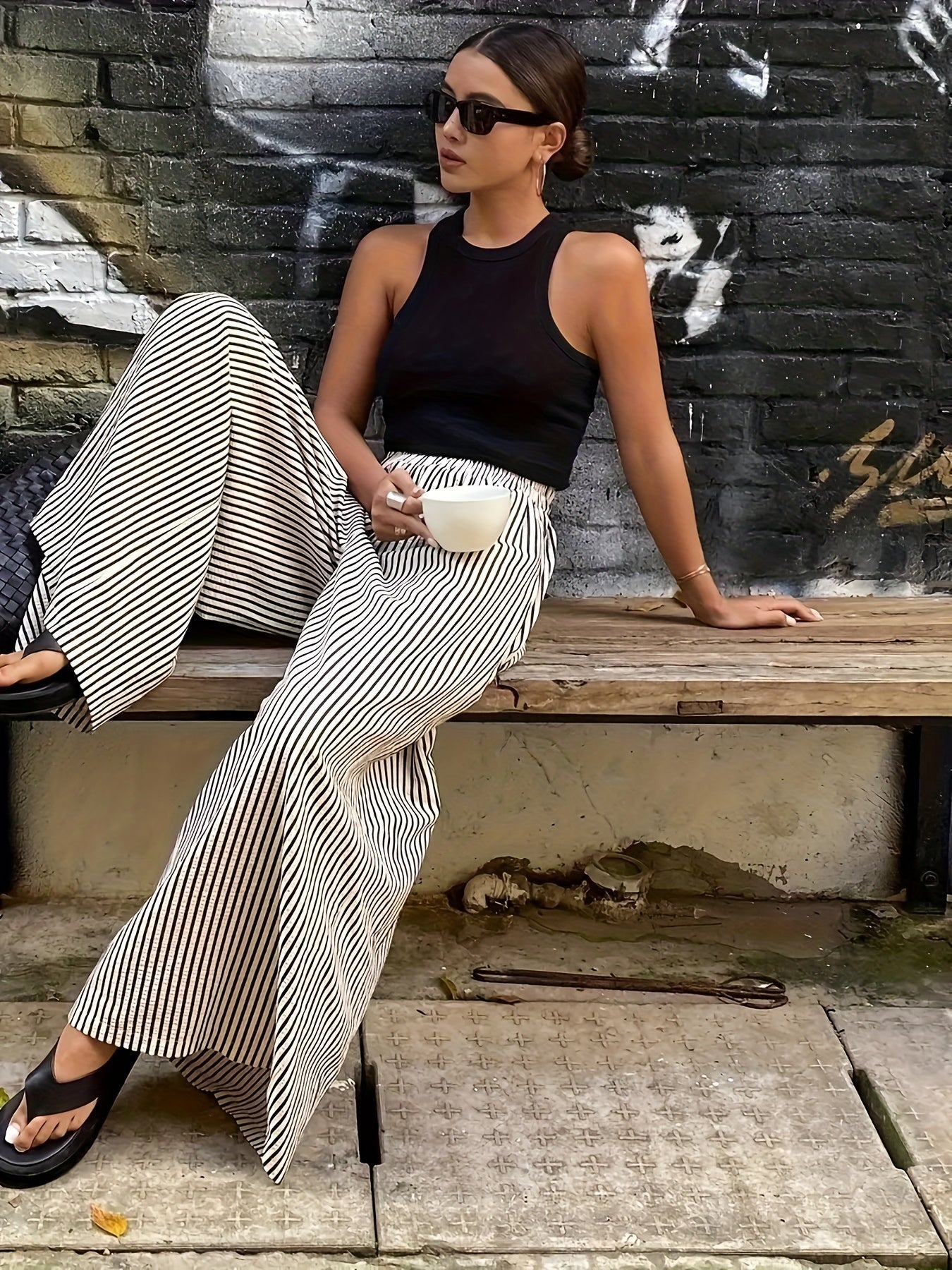 Pantalon large à rayures pour femme, style élégant et décontracté, idéal pour le printemps et l'été