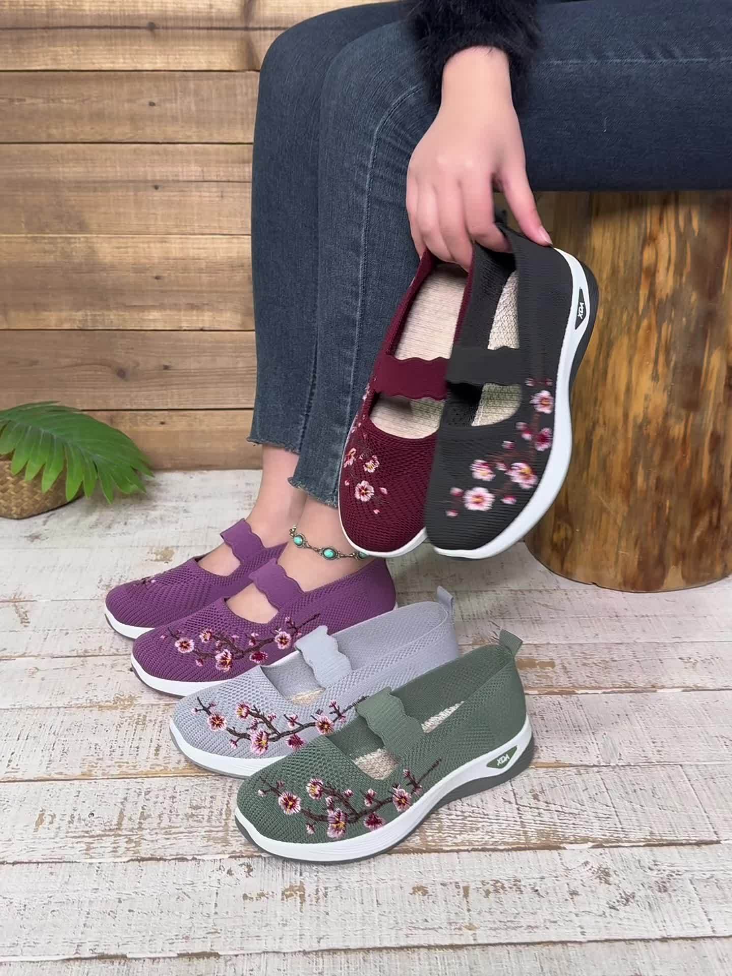 Chaussures décontractées femme confort avec broderie florale et bride élastique – Style marche et loisirs