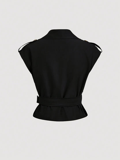 Gilet sans manches élégant ceinturé à boutons pour femme - Style chic printemps/été
