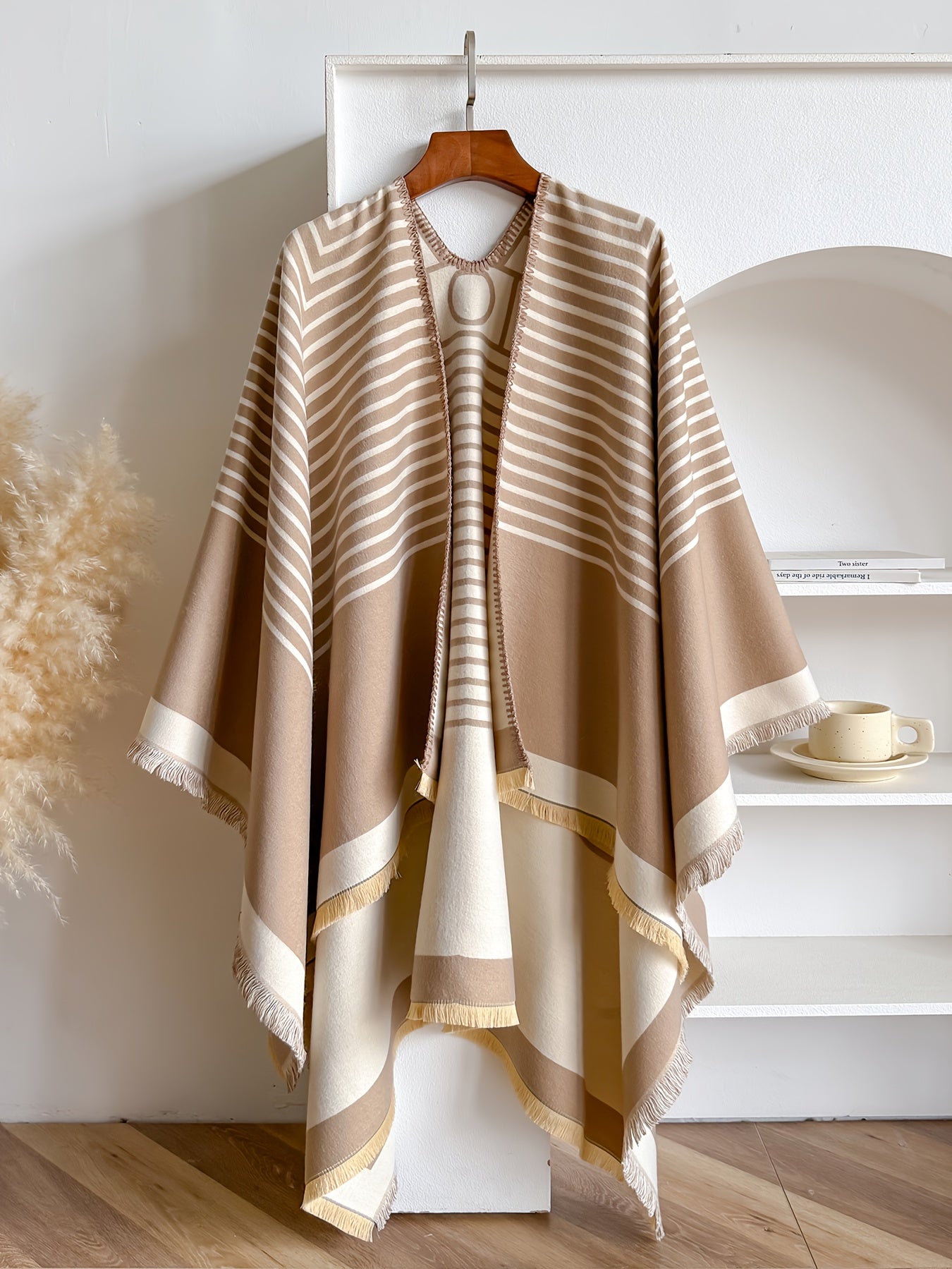 Women's Striped Fringe Trim Open Front Wrap Poncho Cape